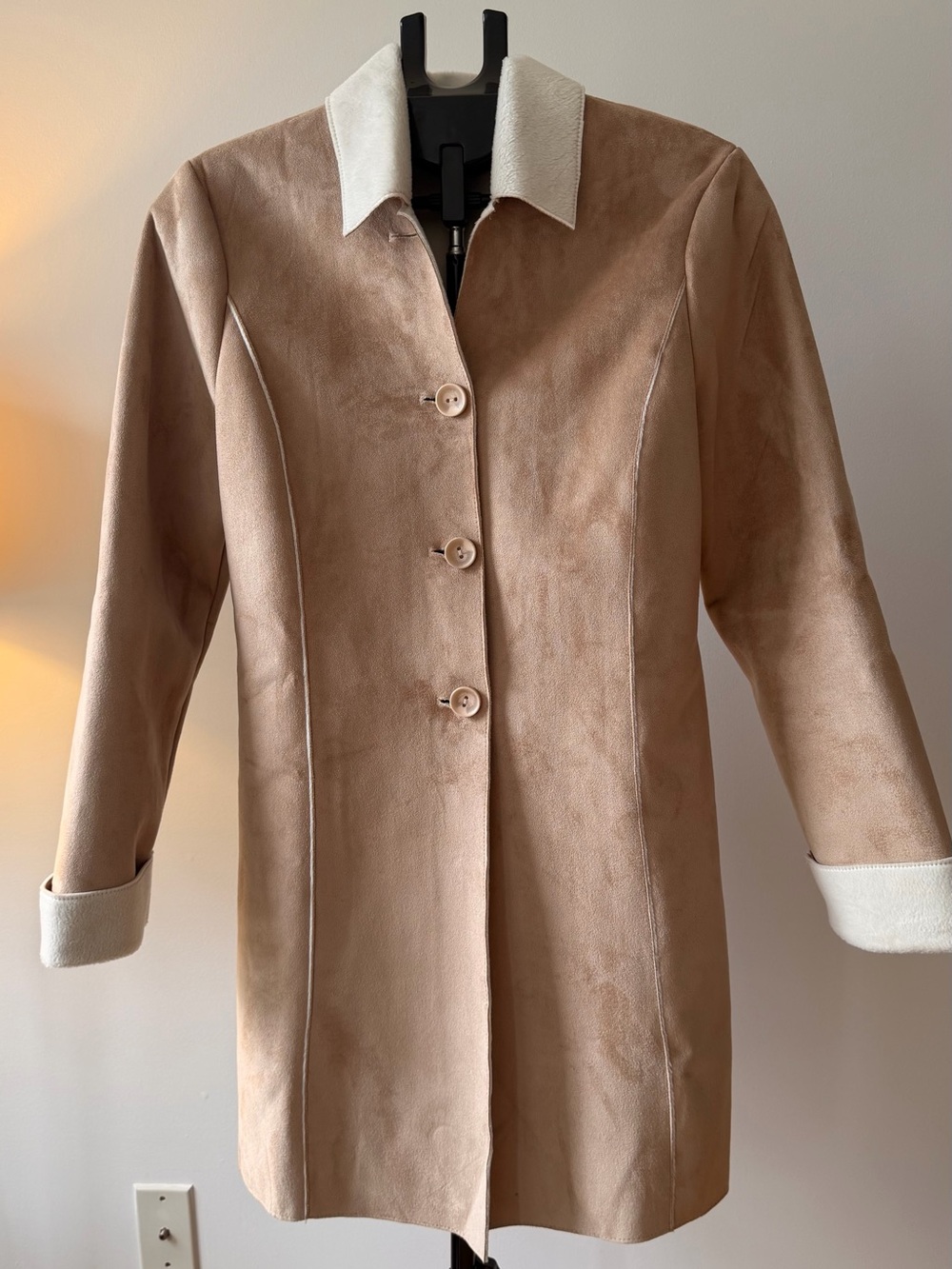 Women's Tan Suede Trench Coat with Cream Contrast Collar